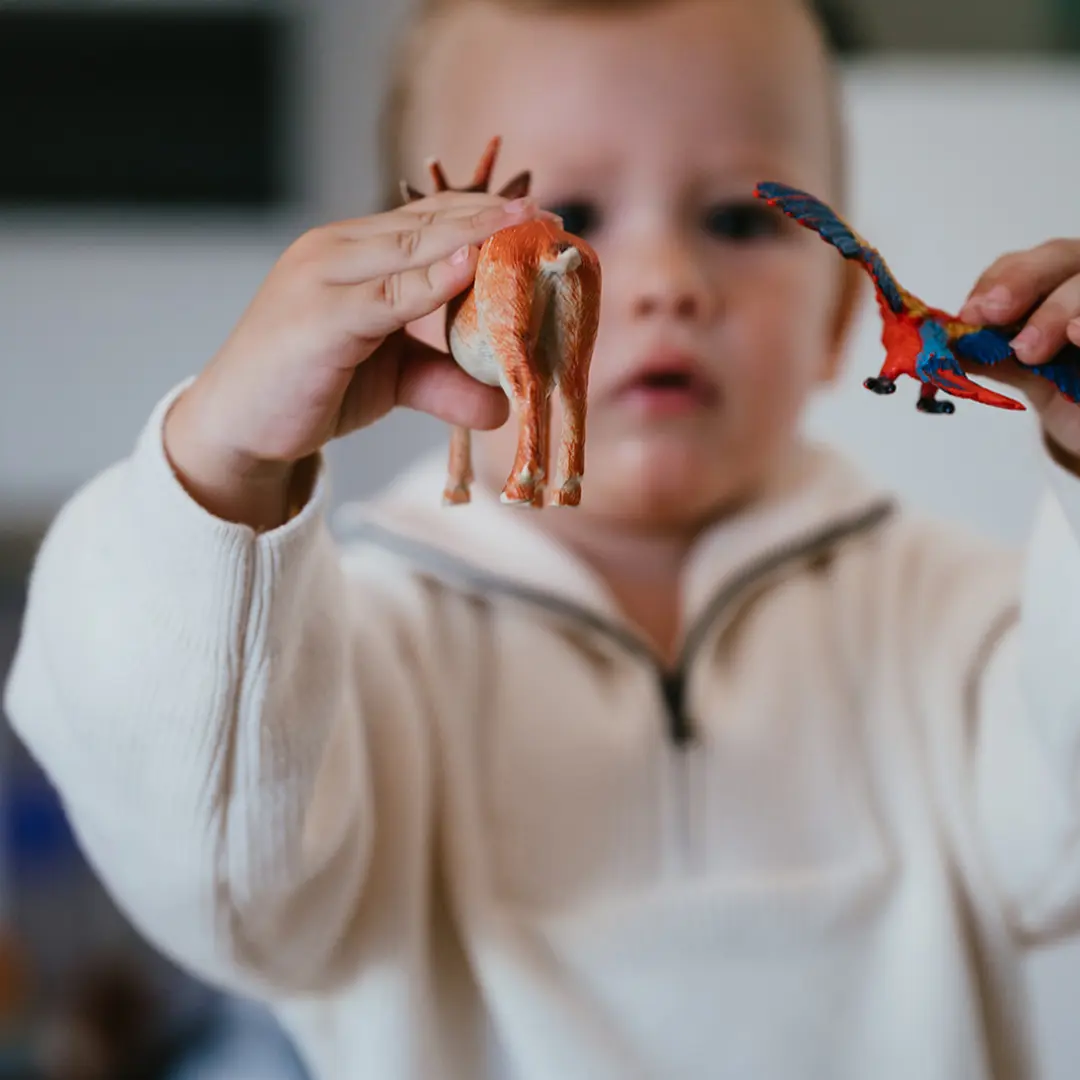 Werken in de kinderopvang kind speelt met speelgoed dieren