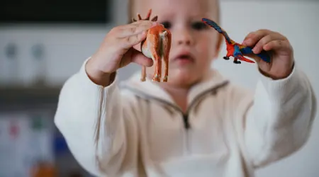 Werken in de kinderopvang kind speelt met speelgoed dieren